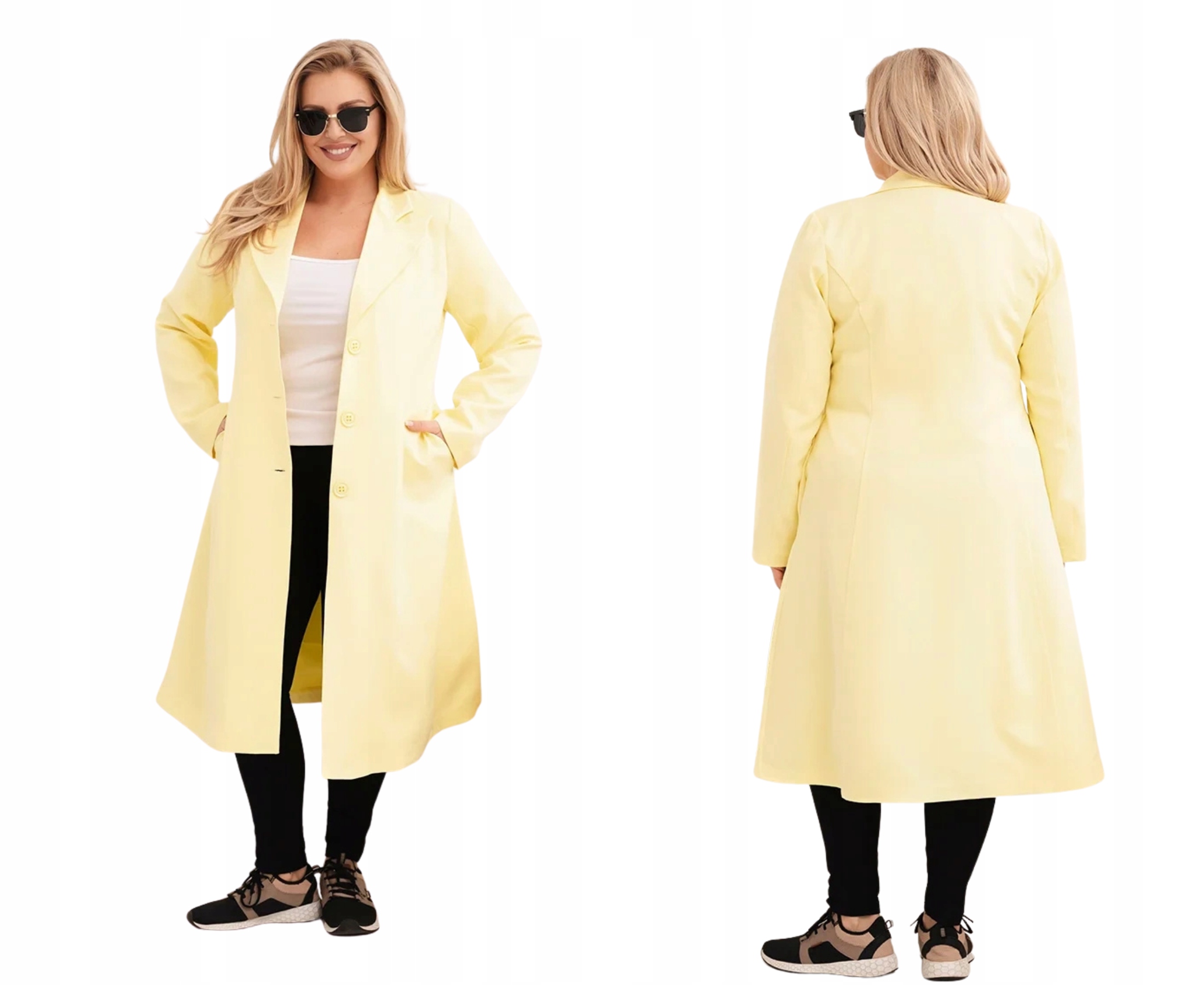 Žlutý dámský kabát s elegantním rozevřením a límcem Plus Size