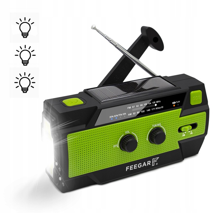 Feegar Radio FM Awaryjne Solar SOS 4000mAh Latarka Kolor zielony