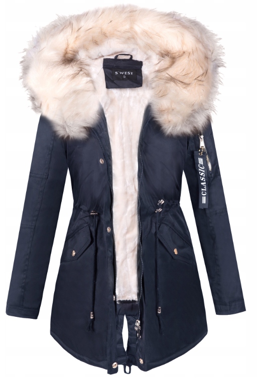 Dámská Zimní Bunda Parka S Vypasovanou Zateplenou Kapuce Tmavě Modrá Černá 42 XL
