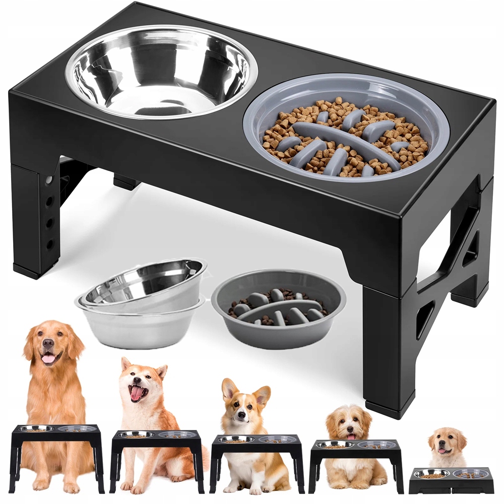3V1 Miska Pro Psa Na Stojanu, Dvojitá Miska, Nastavitelná, Velká, Zpomalovací