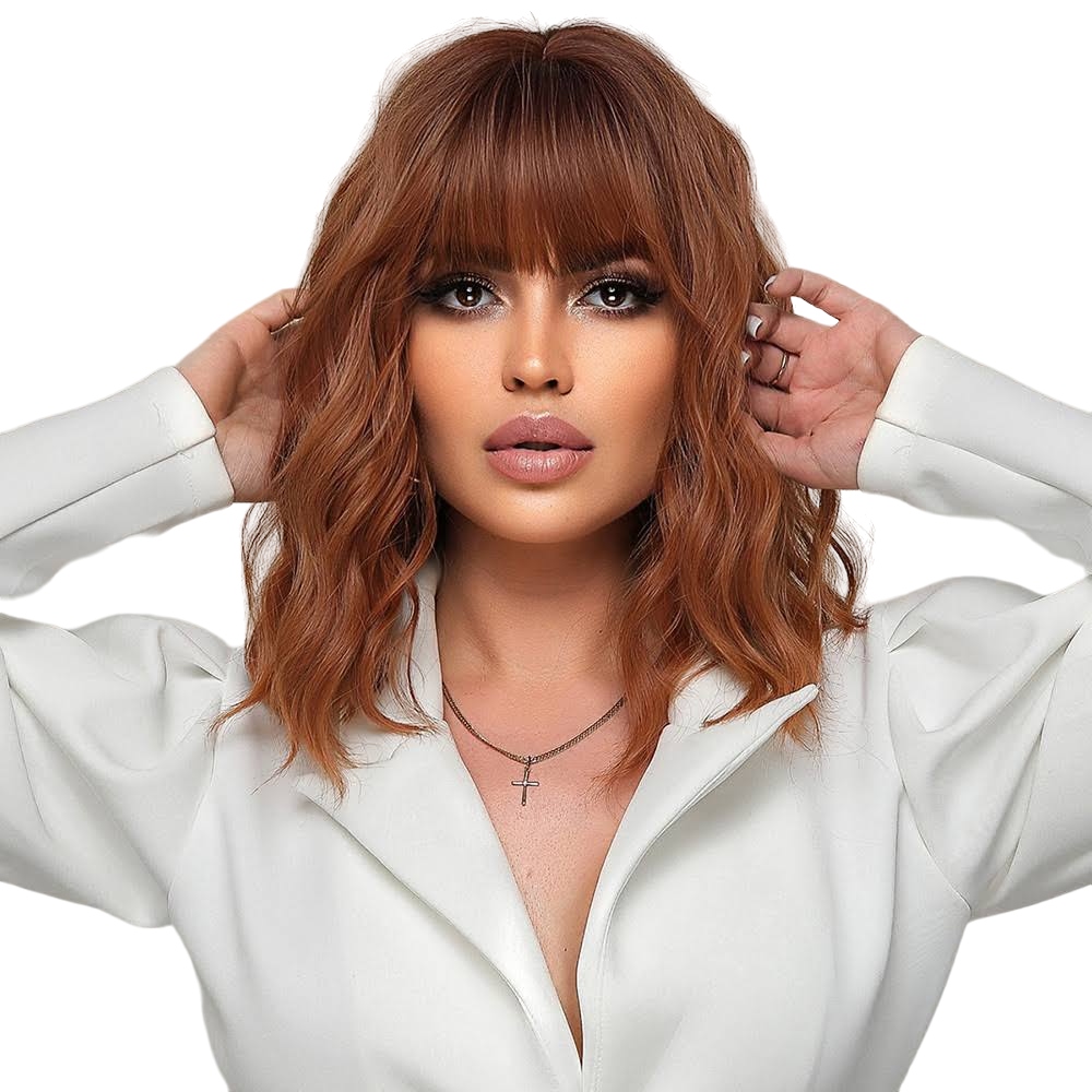Peruka Damska ruda Falowana z Grzywką Włosy Jak Naturalne