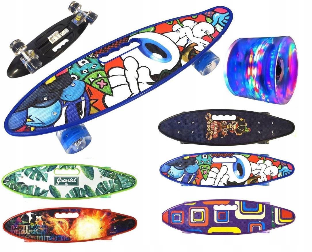 FISZKA DESKOROLKA DLA DZIECI ŚWIECĄCE KOŁA LED 59CM SOLIDNA SPACE ABEC7 RGB