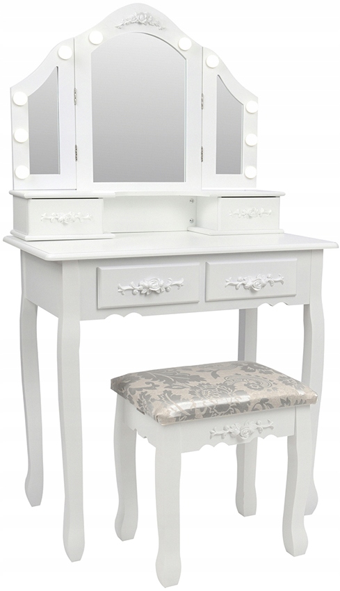 BIAŁA TOALETKA KOSMETYCZNA Z LUSTREM LED + TABORET Głębokość mebla 40 cm