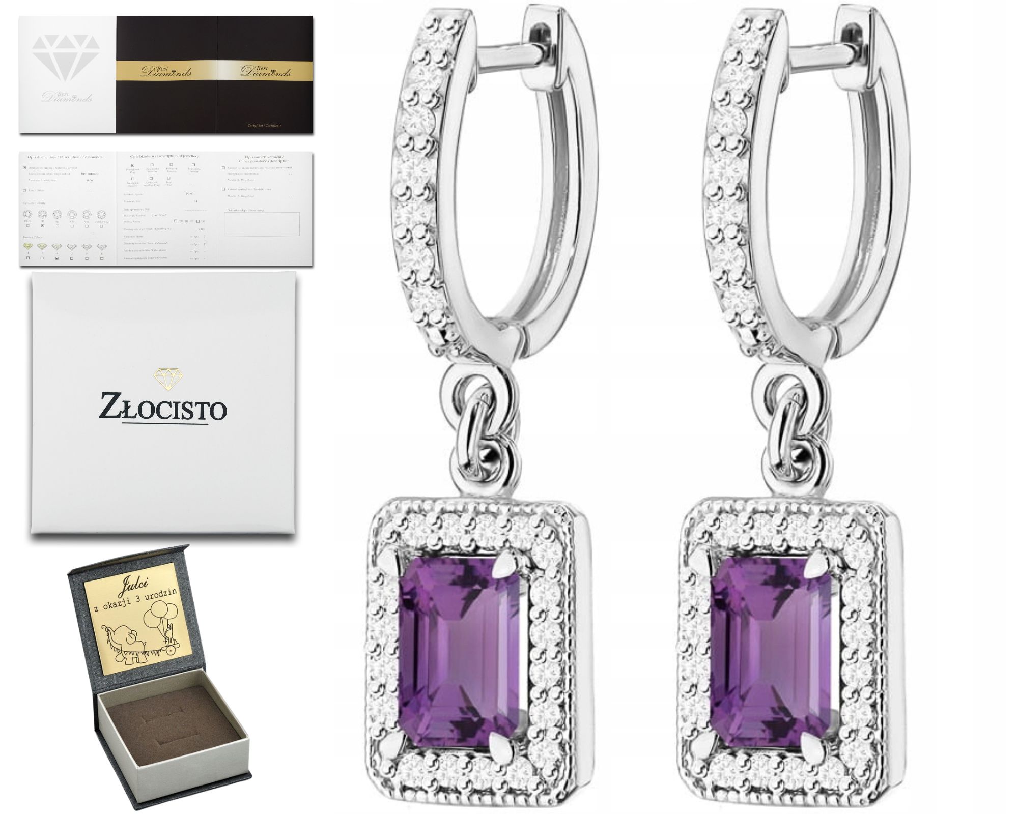 Bílé Zlato Náušnice S Diamanty A Ametystem 585 Závěsný Dárek
