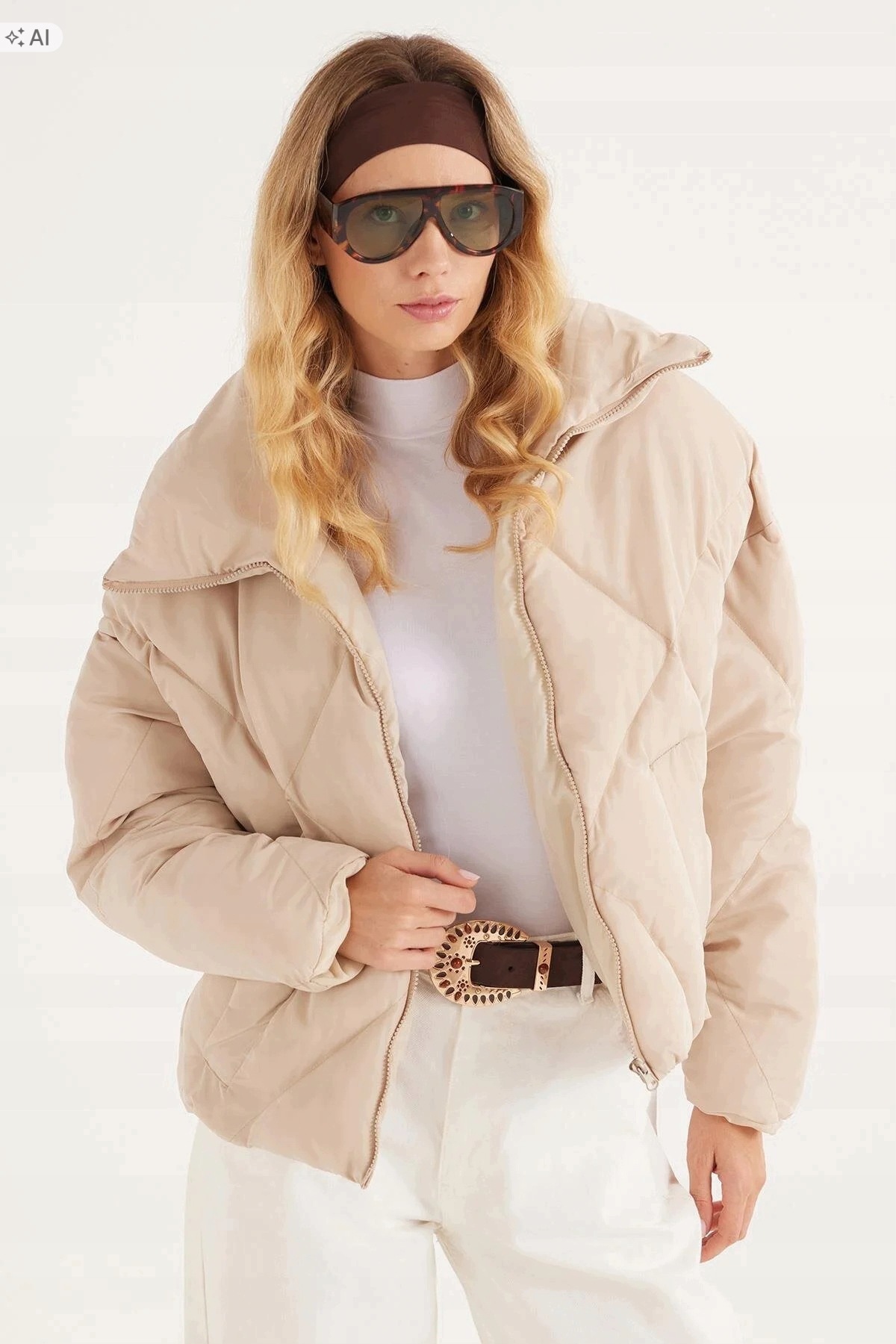 Dámská Béžová Prošívaná Péřová Bunda Oversize 38 5IA