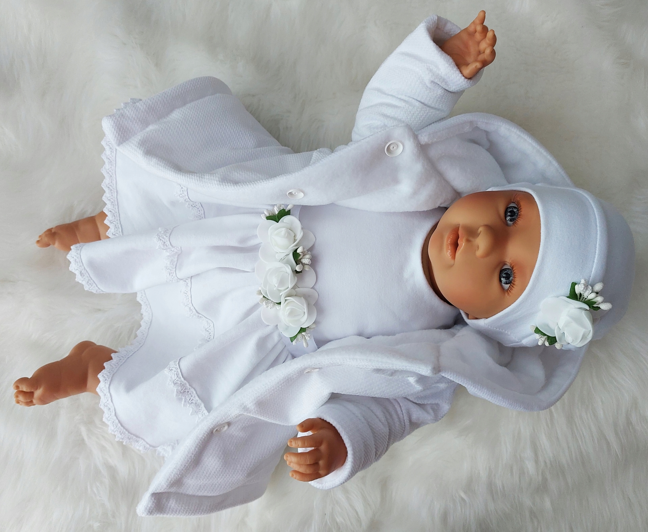 4CZ KOMPLET do chrztu SUKIENKA BAWEŁNA R.74 Kolor biały