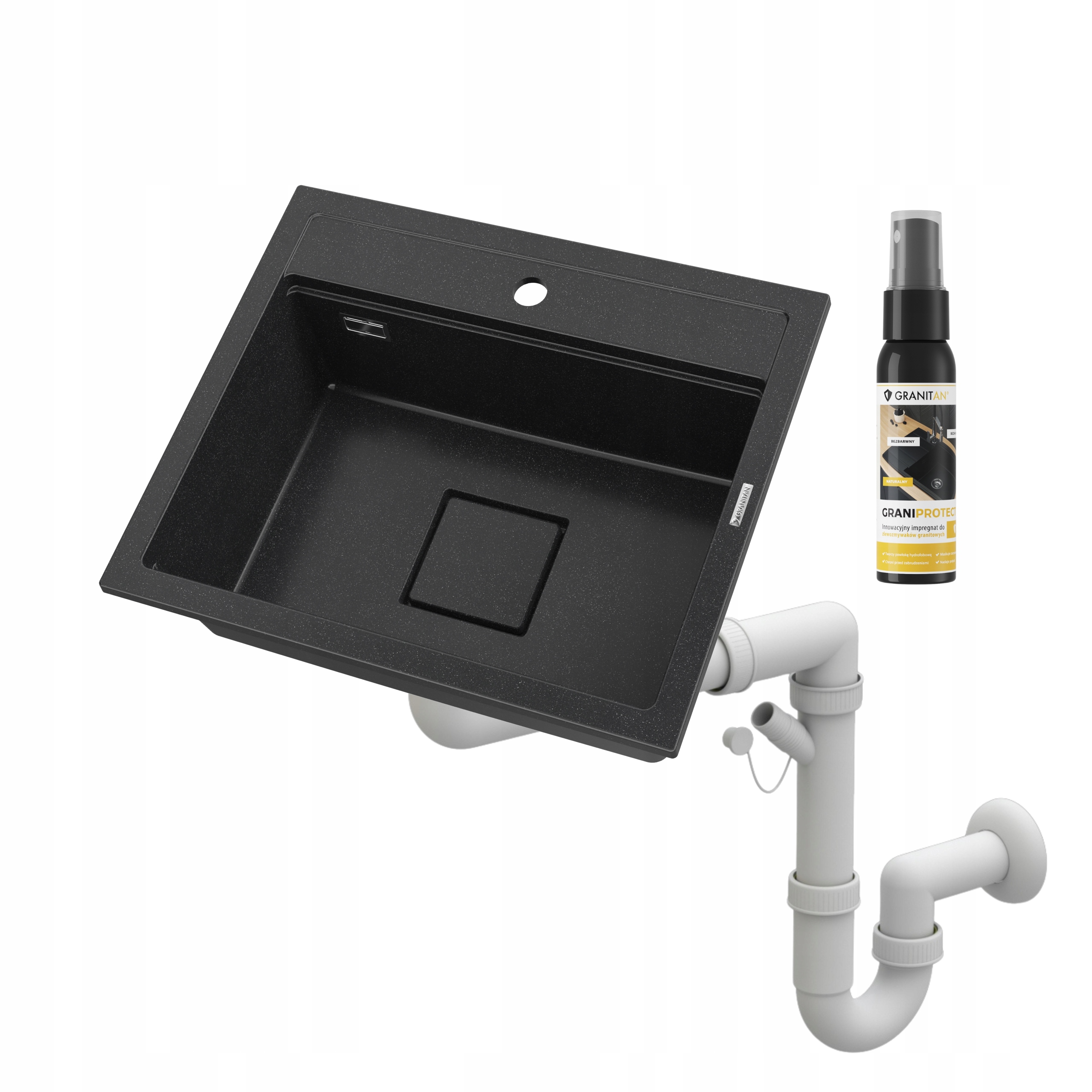 Jednokomorový granitový kuchynský drez Stone L, sifónový drez, maska