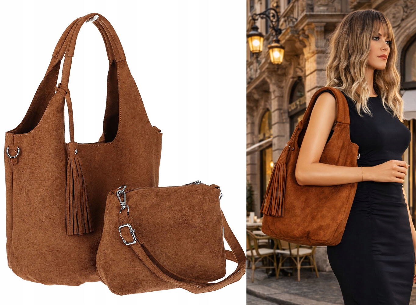 Dámská kabelka shopper taška semišová elegantní lehká módní taška 1789 Hnědá