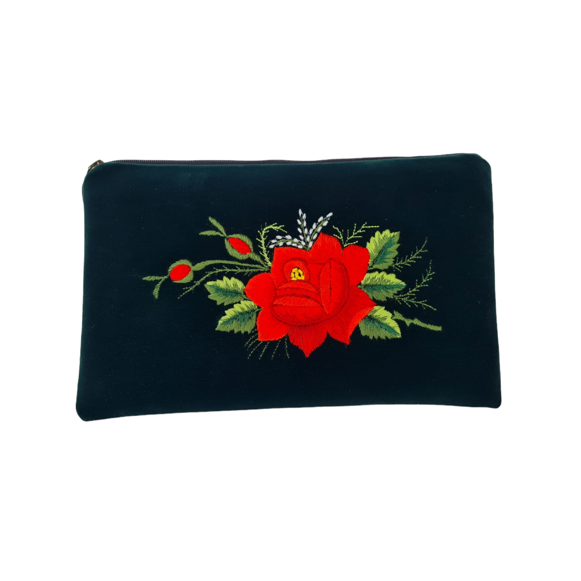 Plochá Tmavě Zelená Kosmetická Taška Folk Rybářská Výšivka Růže