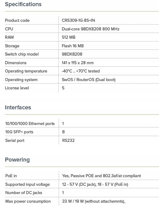 MikroTik CRS309-1G-8S+IN Cloud Router Switch 8x Sfp+, 1x Gb Lan