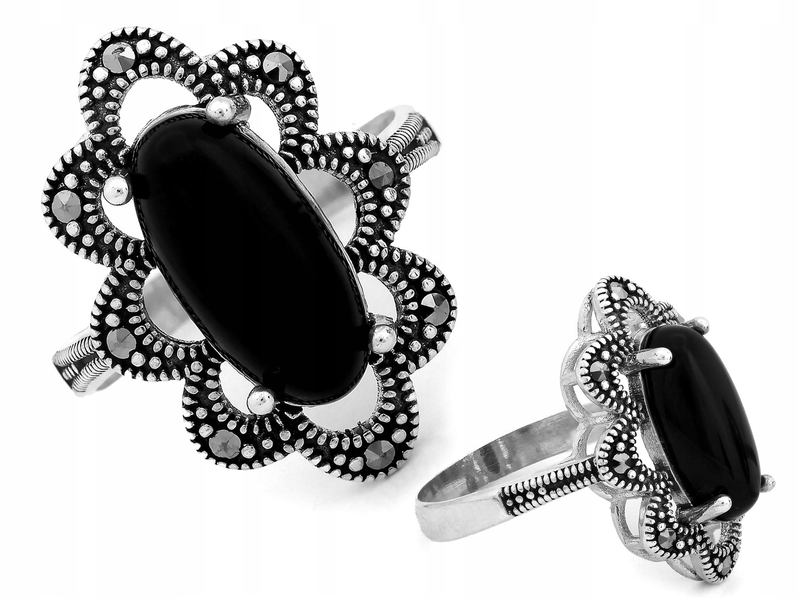 Stříbrný Prstýnek ovál pro ni módní černý zirkon markazit r20