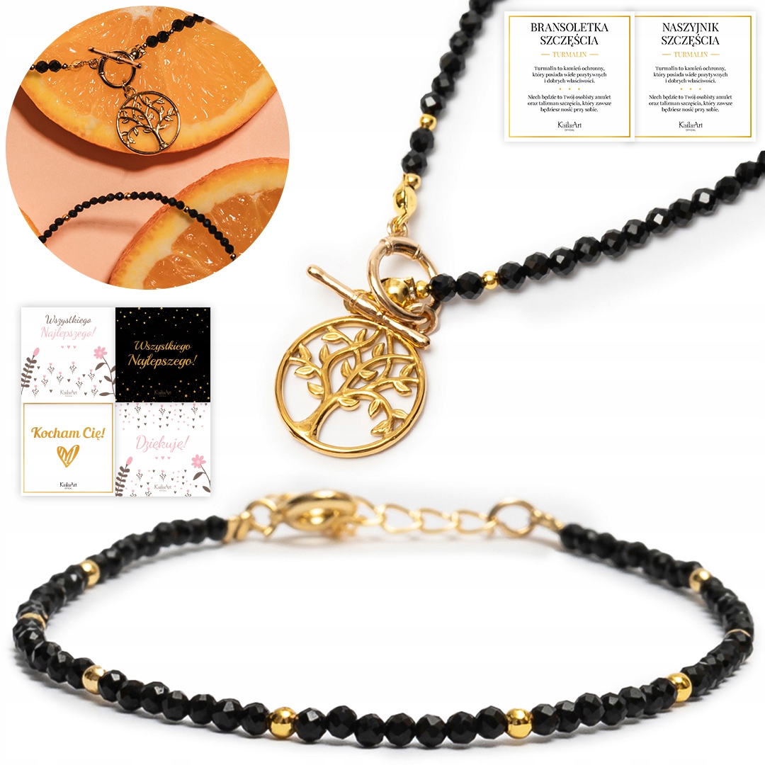 Sada Šperků Náhrdelník Náramek Turmalín Pro Štěstí Zlatá Ocel