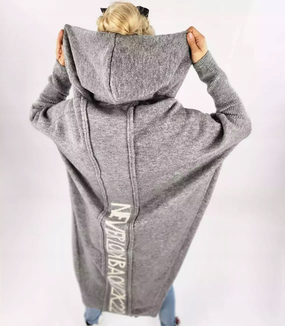 Teplý dámský svetr Kardigan Dlouhý s vlnou Nápis Never Look Back L