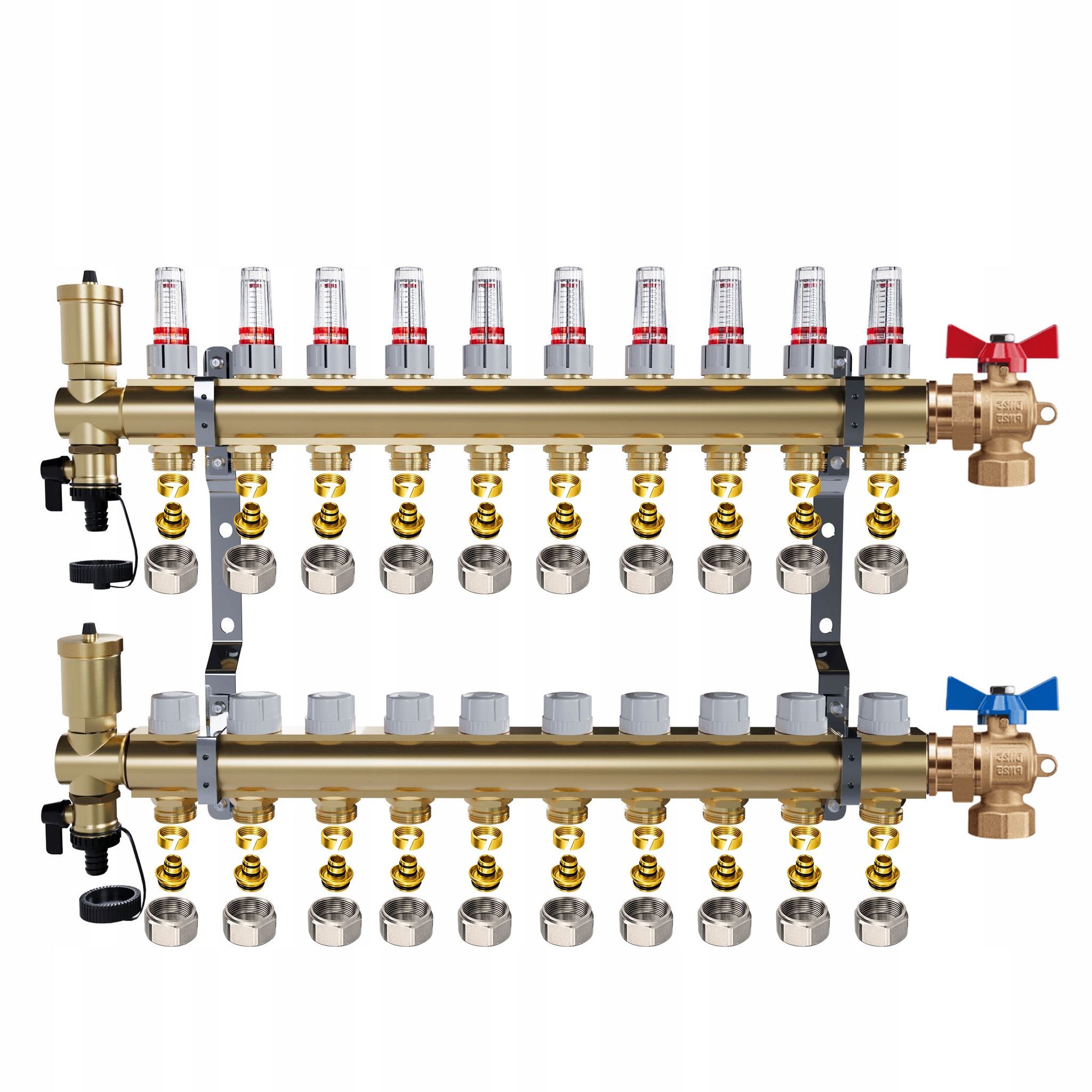 Mosazný rozdělovač 10 okruhů Vytápění Podlahové kulové ventily Pex