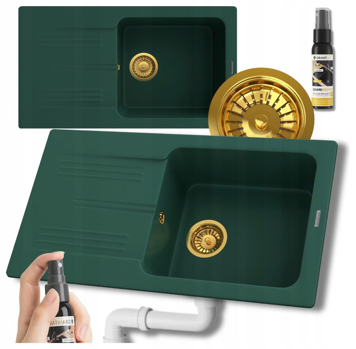 Granitový Dřez S Odkapávačem, Lahvově Zeleň, Zelený Sifon Ada