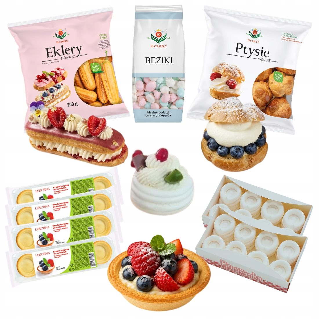 Zestaw Słodki Stół Ptysie Eklery Mini tartaletki +Mini Bezy Gotowa Baza