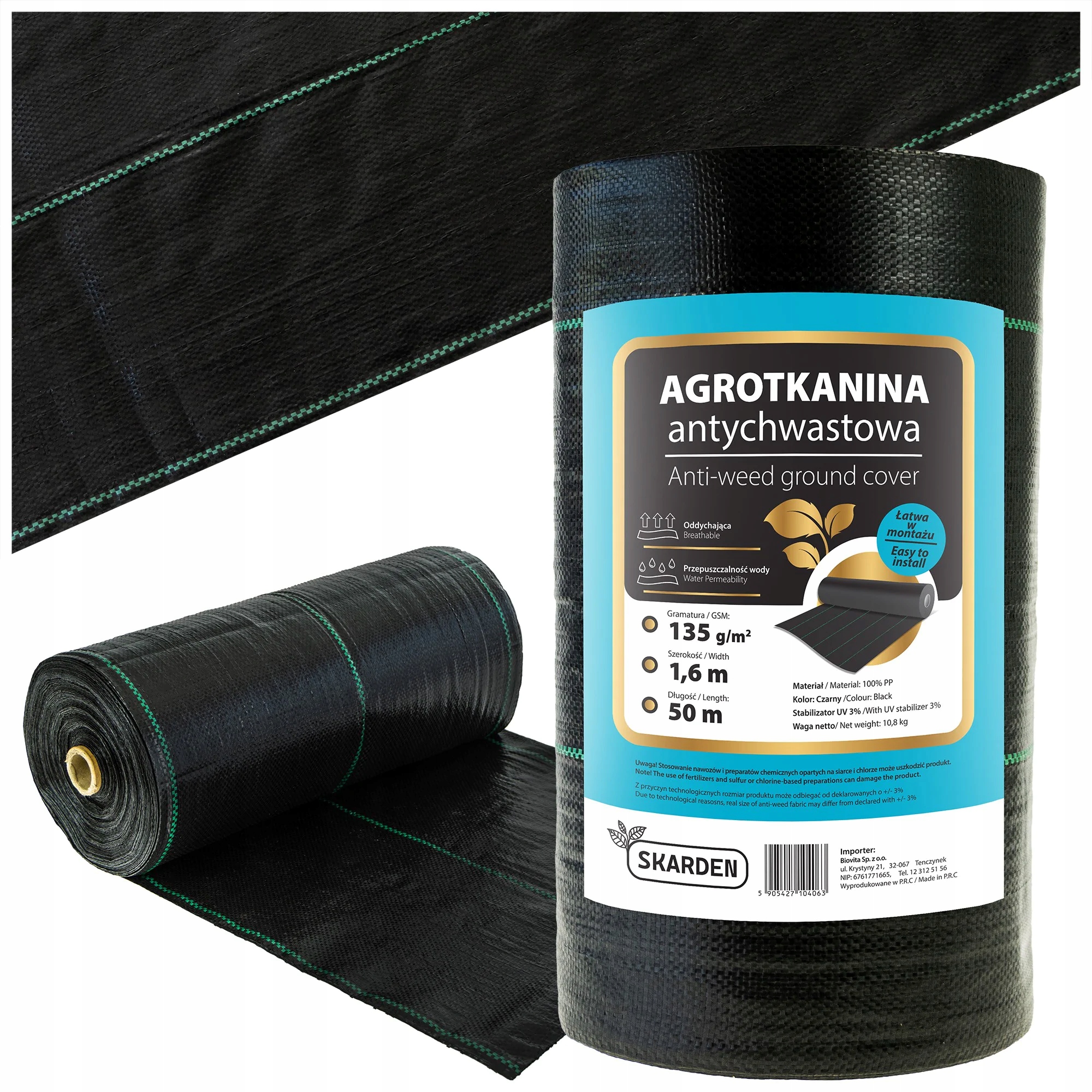 Skarden Premium Mocna Agrotkanina agrowłóknina 1,6x50m 135g/m2 Uv 3% czarna