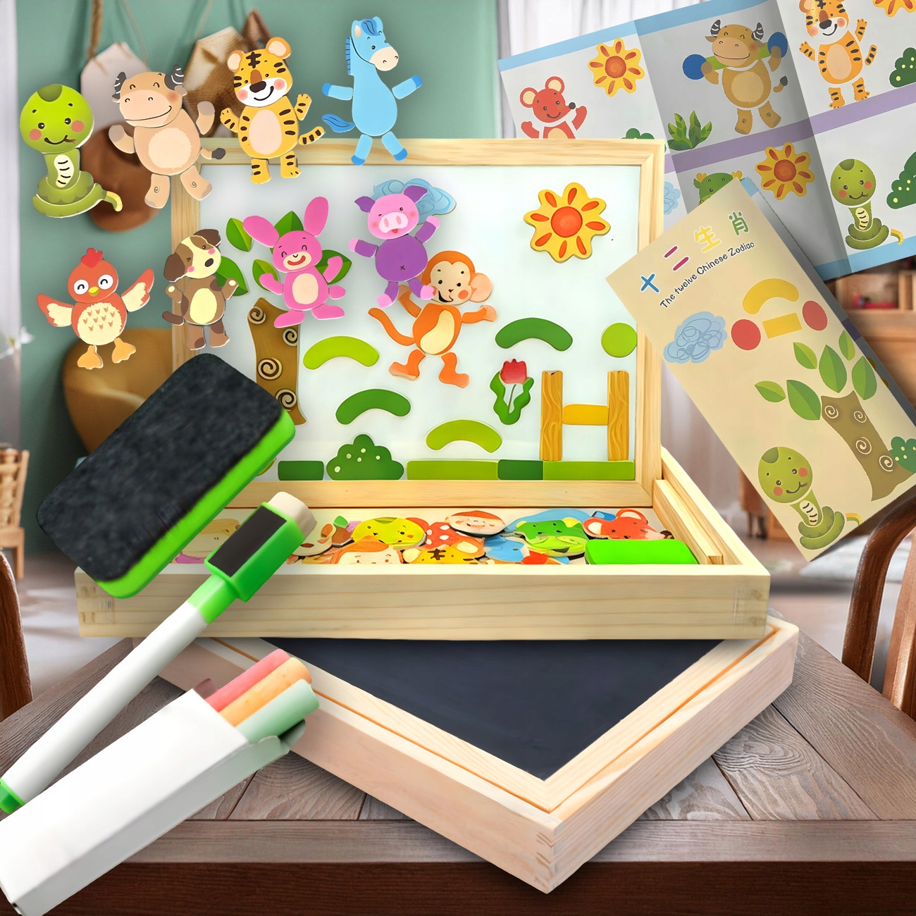 TABLICA MAGNETYCZNA KREDOWA SUCHOŚCIERALNA RYSOWANIA DWUSTRONNA AKCESORIA Materiał drewno plastik