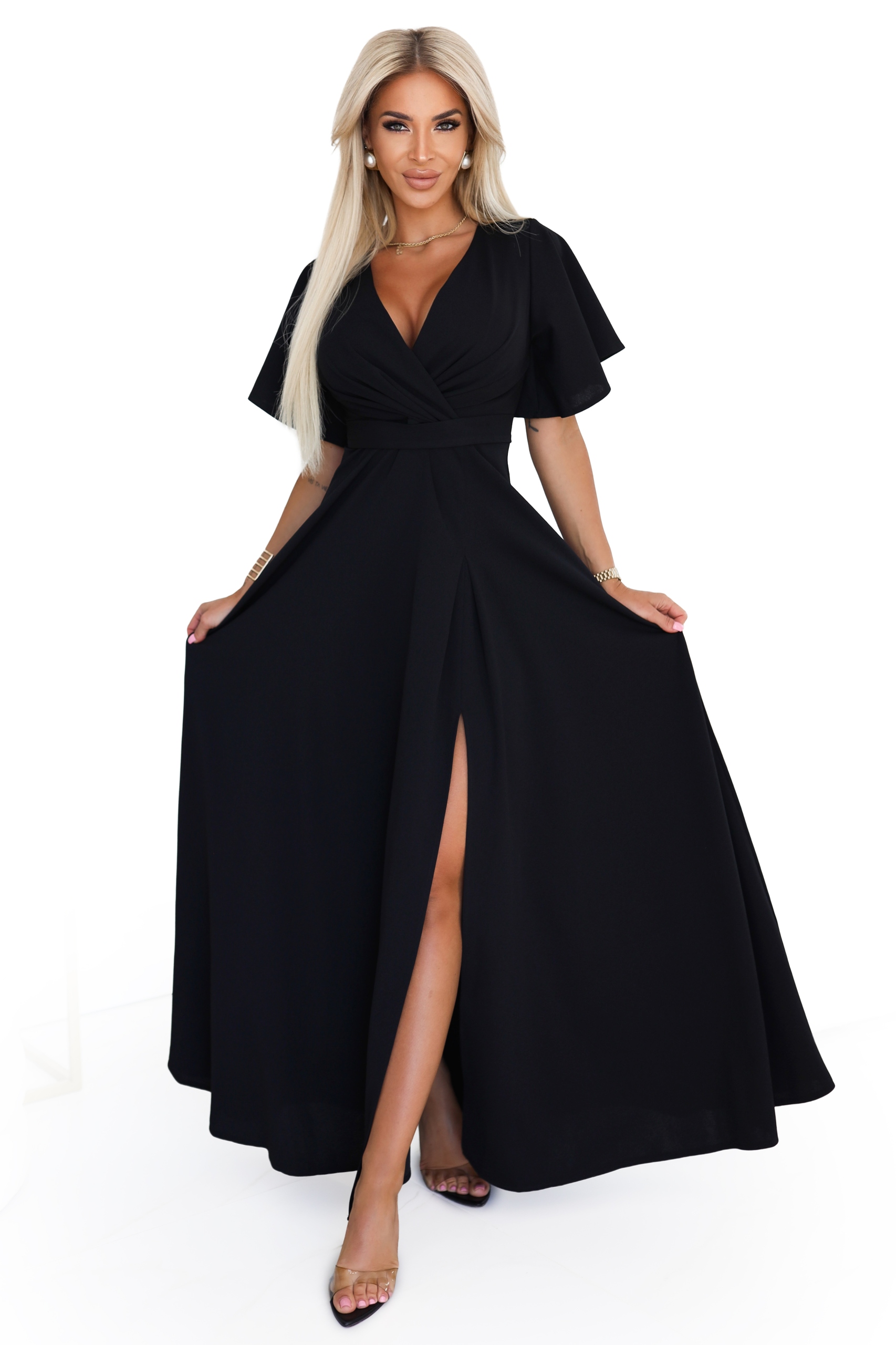 Černá Dlouhá Maxi sukně s rukávem a výstřihem