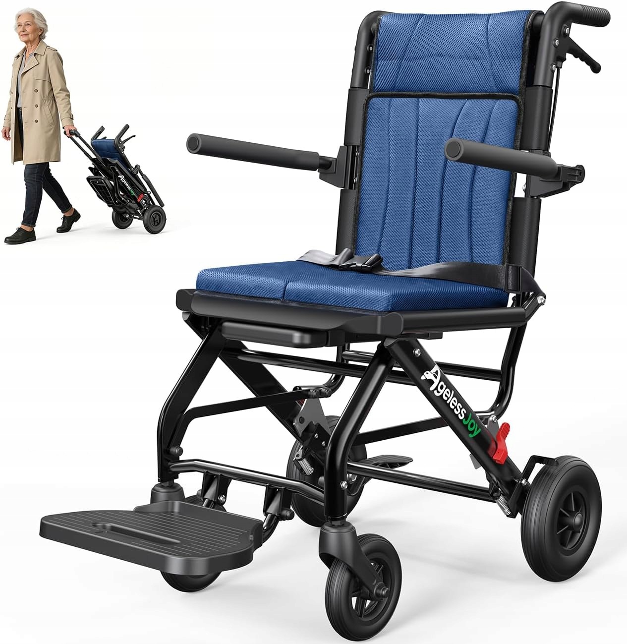 Agelessjoy Wózek Inwalidzki Transportowy Składany 9KG Do 100KG