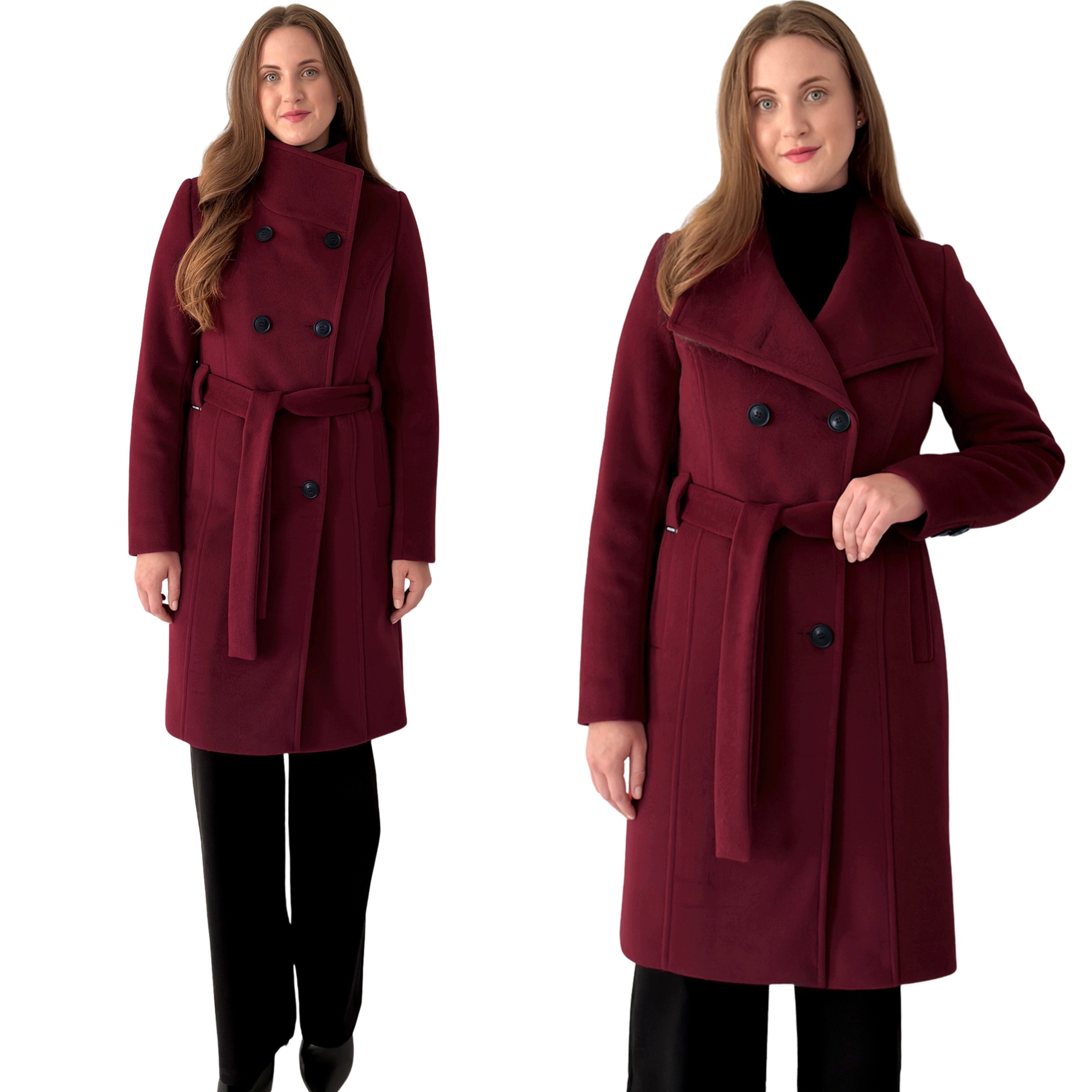 Elegantní dámský dvouřadý zimní kabát z vlny alpaka burgundy Bordová 36
