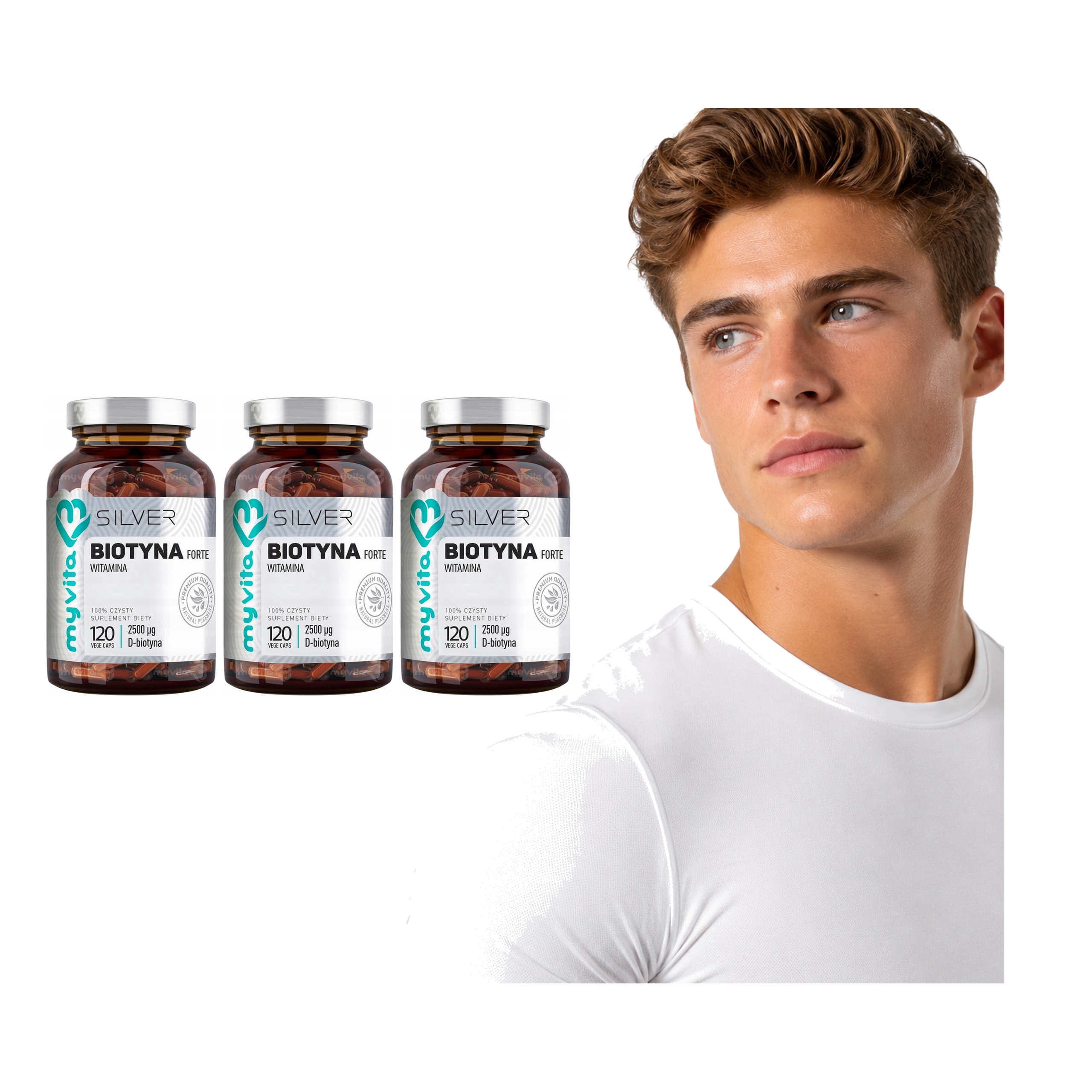 3x Biotyna Na Włosy Myvita Silver Complex Pure 2500 mcg B7 120 kapsułek
