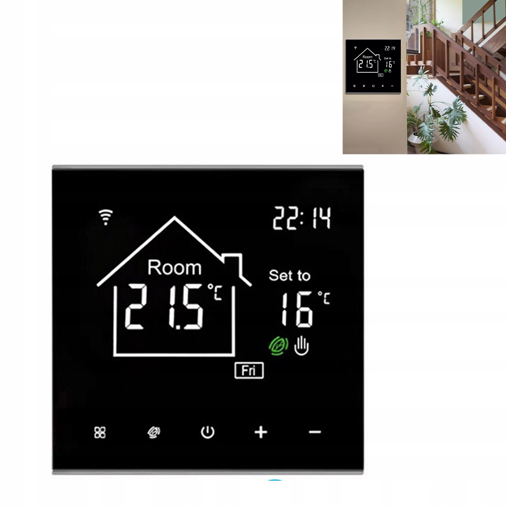 16A Wifi Tuya Černý Pokojový Termostat, Dotykový LCD Panel