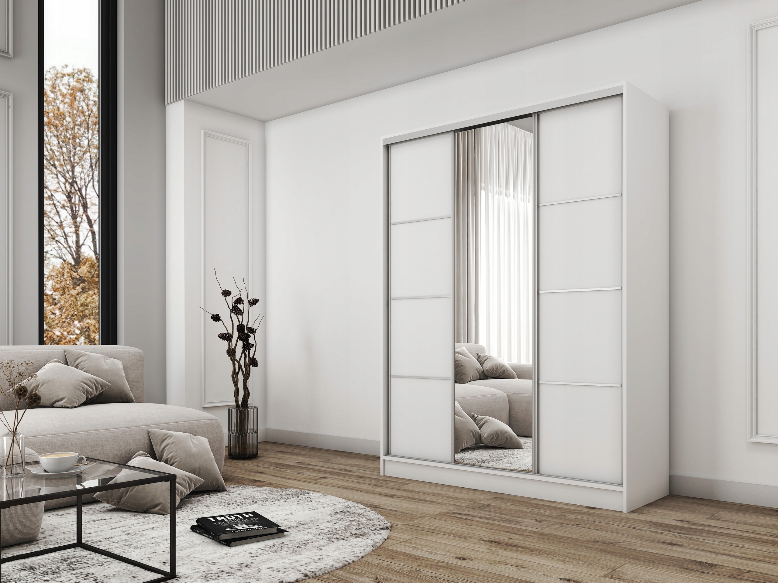 Szafa przesuwna z lustrem 160 cm BEST biała półki szuflady drążki Kod producenta BROMARKT_5903736198896