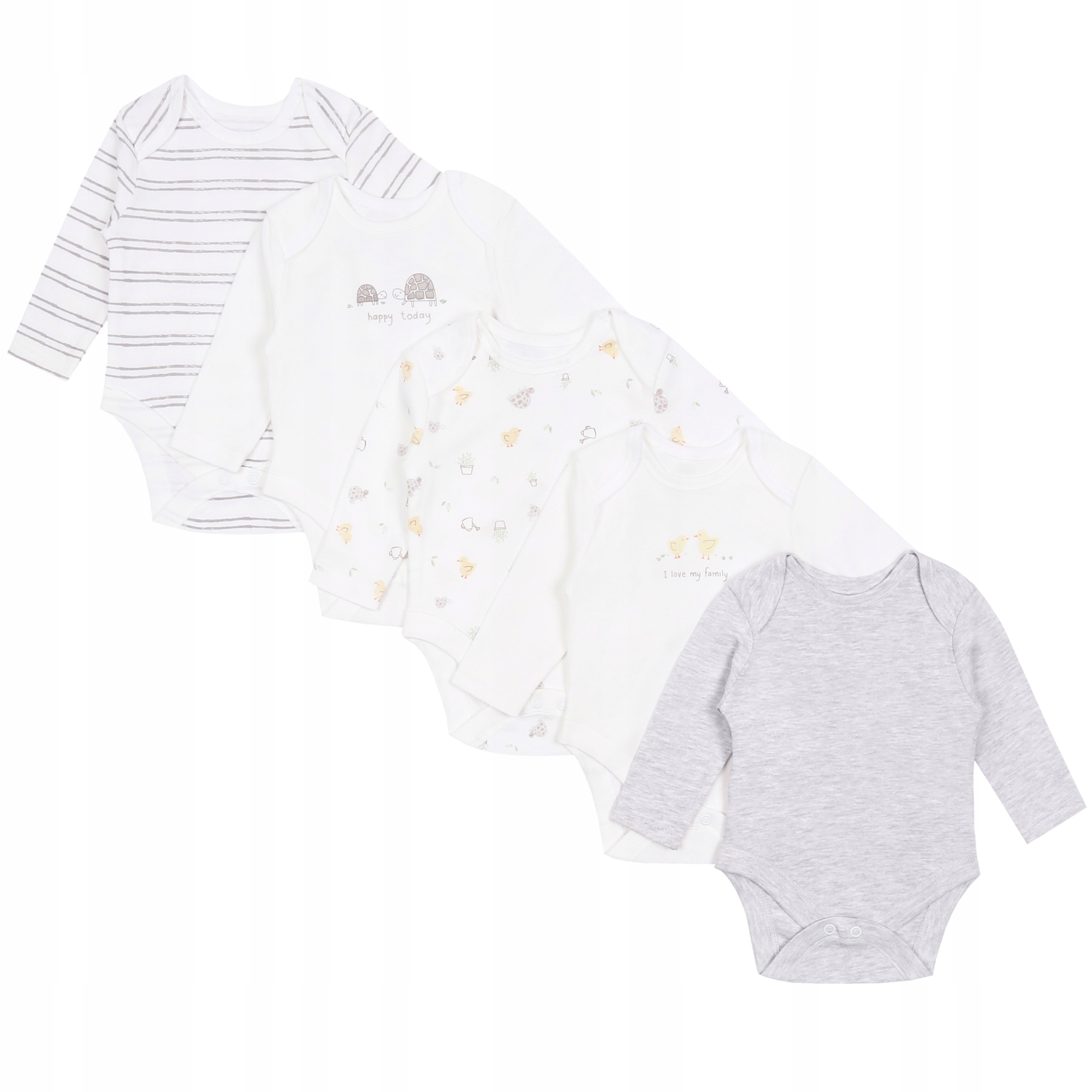 

5x Biało-szare body w kaczuszki i żółwie 74 cm