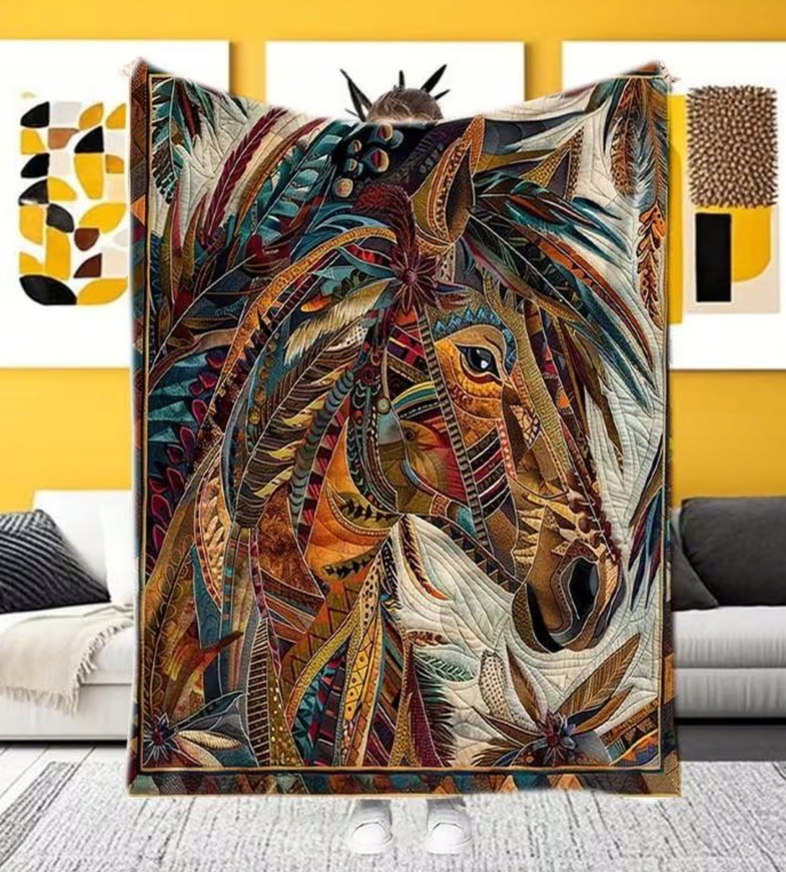Deka přehoz Kůň Koně rostliny Boho Art jako patchwork dárek 150 x 200 cm