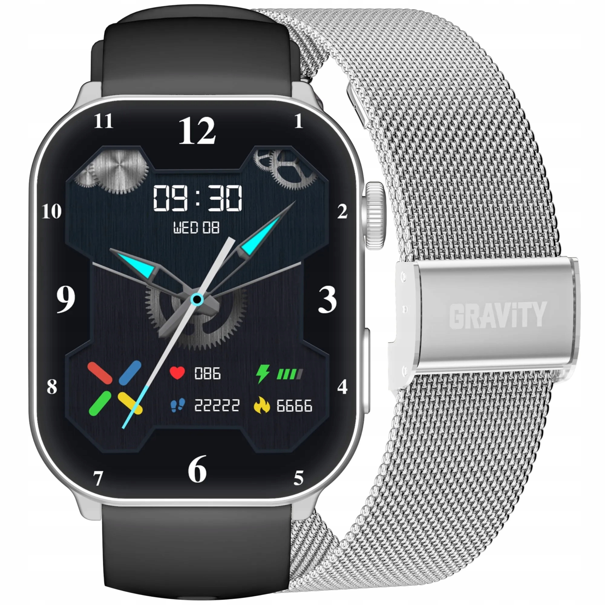 Gravity GT28-9 obdélníkové stříbrné chytré hodinky pro hovory