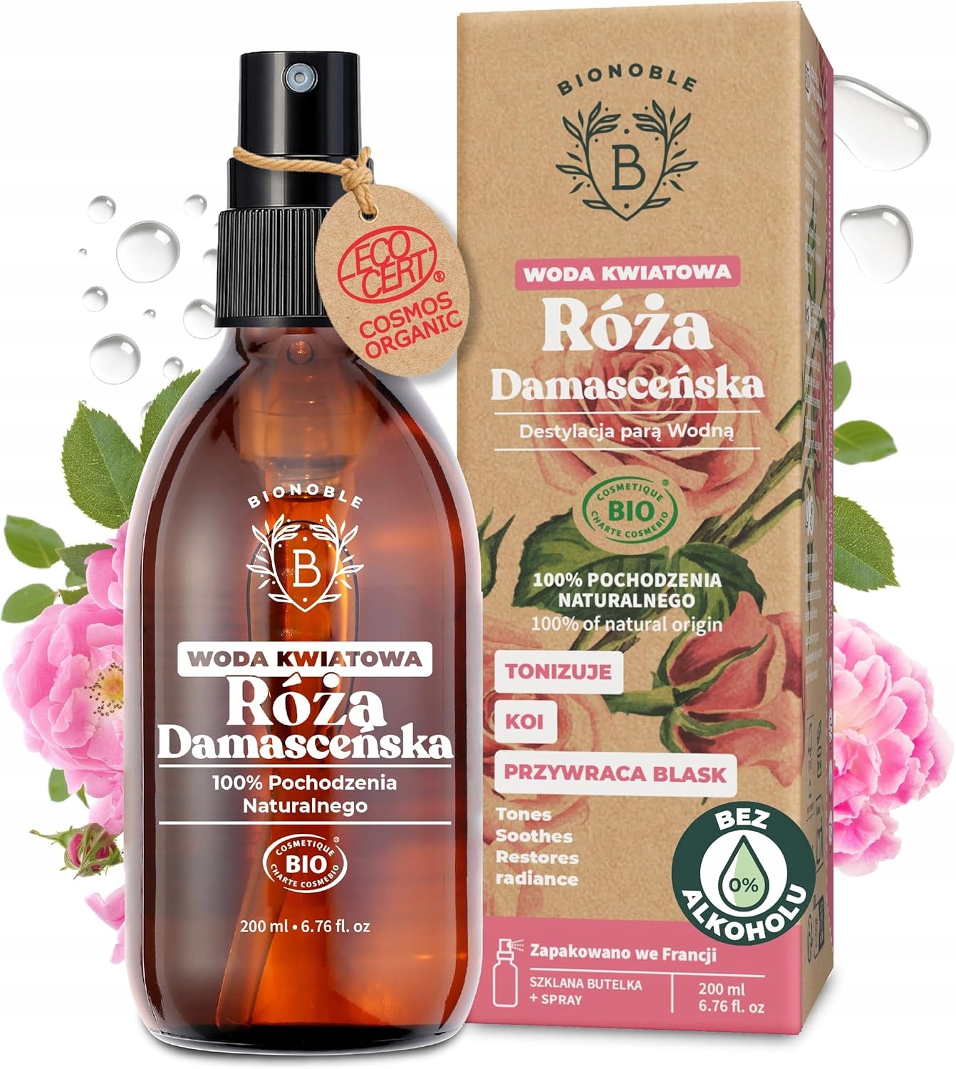 Bionoble Damašská růžová voda 200 Ml Obličej Vlasy Hydratuje Zpevňuje Bio