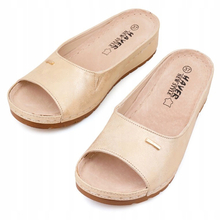 Złote Klapki Damskie Na Platformie Buty Wsuwane Wkładka Ekoskóra Lekkie