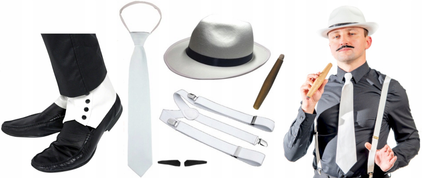 Zestaw GANGSTER Szelki Krawat Kapelusz Wąs Cygaro