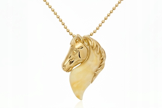 Zlatý Přívěsek Kůň S Přírodním Světlým Baltským Jantarem Dárek