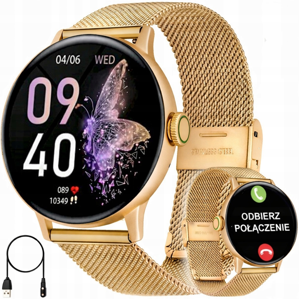 Smartwatch Złoty Zegarek Damski Rozmowy Menu Pl Bransoletka Mesh