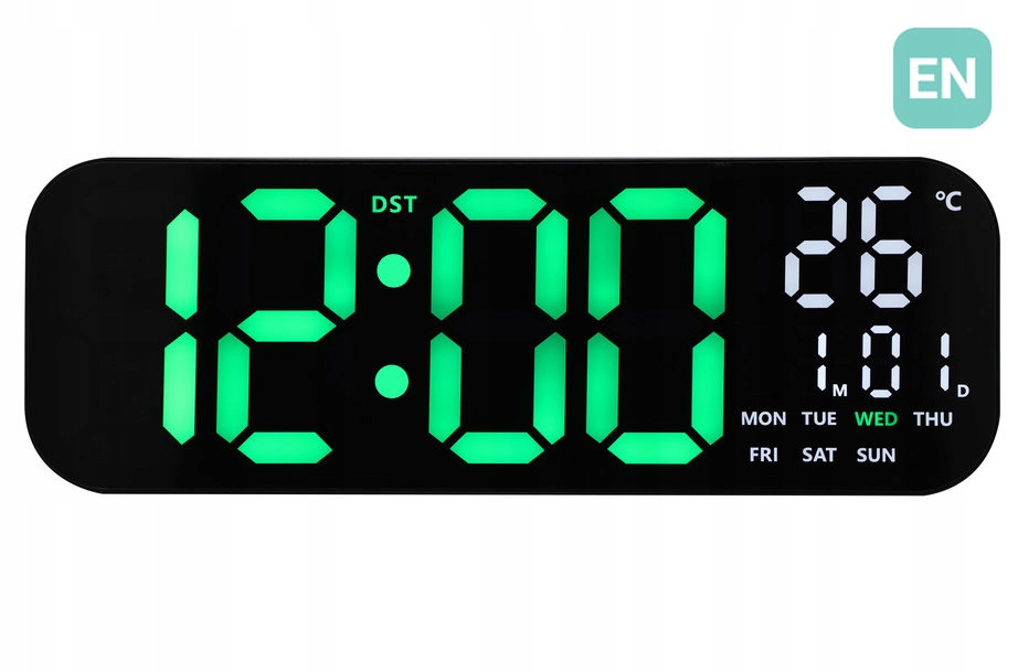 Veľké Zelené Led Hodiny S Pilotom Jvd DH9016.2 Termometer Stopky Časovač 46 cm