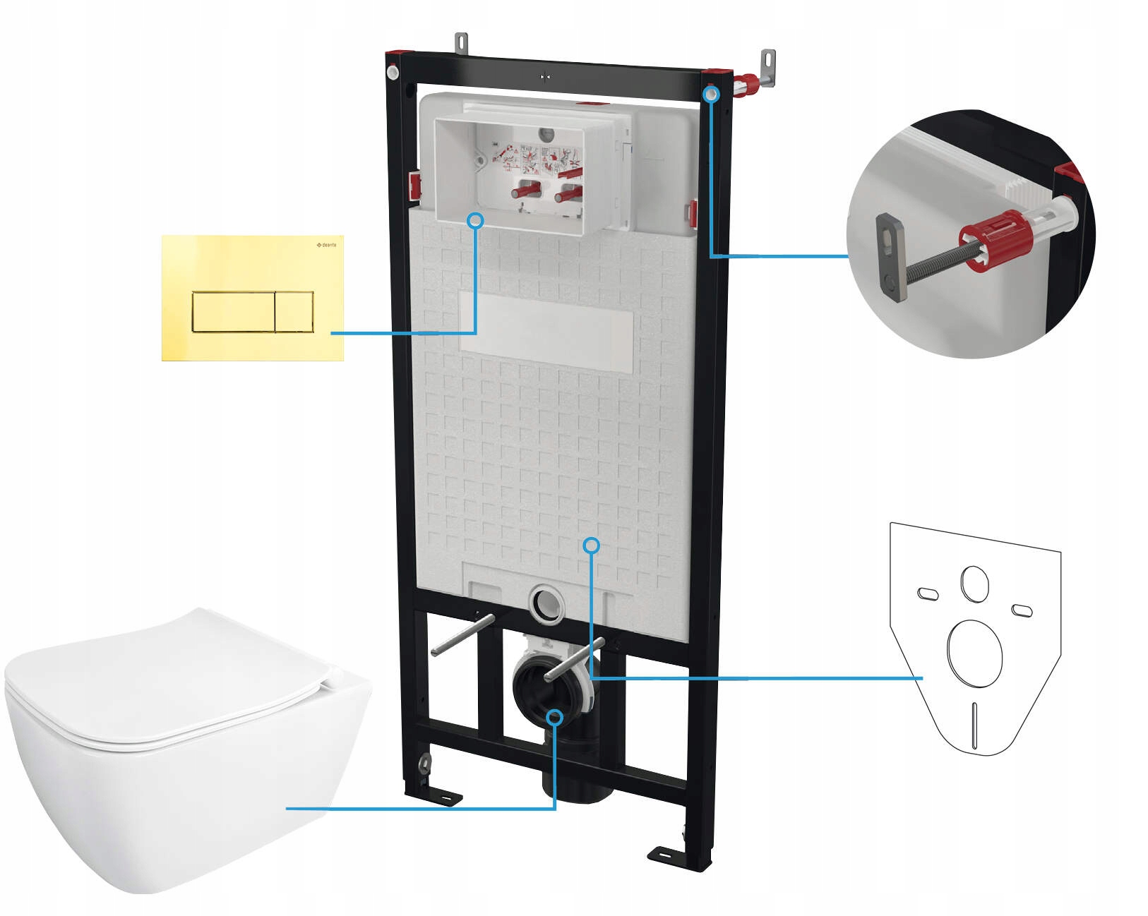 Podomítkový Wc set 6v1 s závěsnou mísou a zlatým tlačítkem