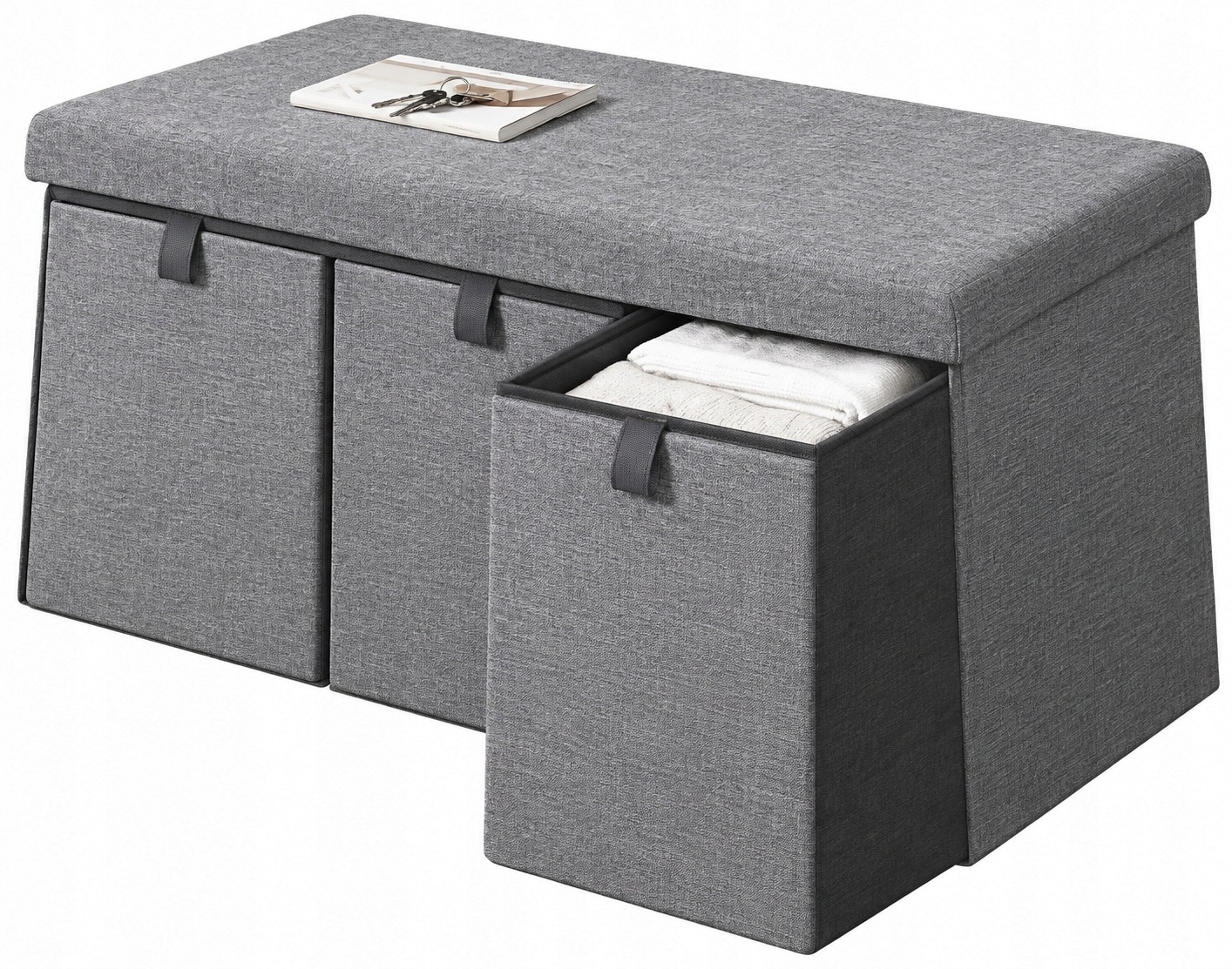 Šedý Puf Velká Taburet Smukee Skládací taburet se 3 zásuvkami 76x38x38 cm