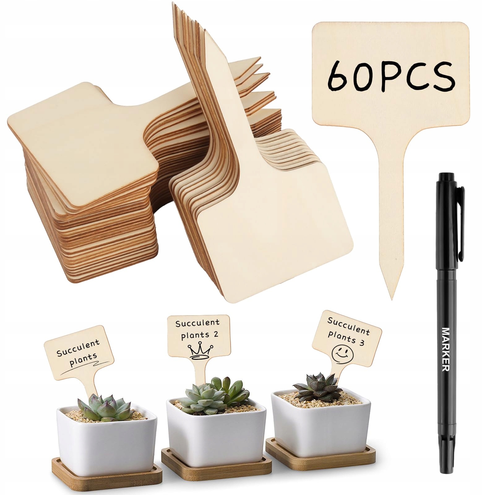 TABLICZKI ETYKIETY DO OPISU ROŚLIN DREWNIANE 60SZT + MARKER
