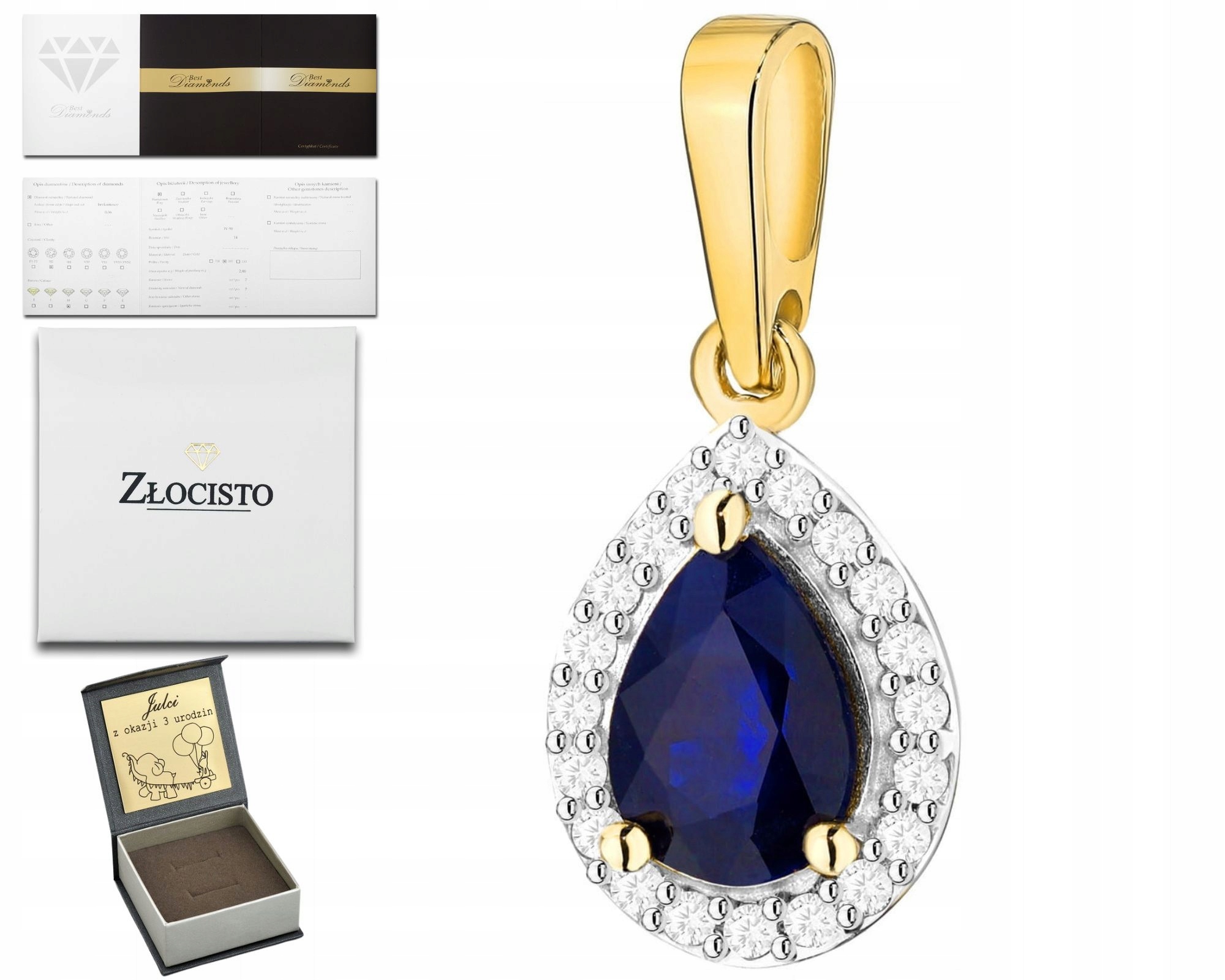 Přírodní Kámen Safír Diamanty Brilianty Zlato 585 Přívěsek