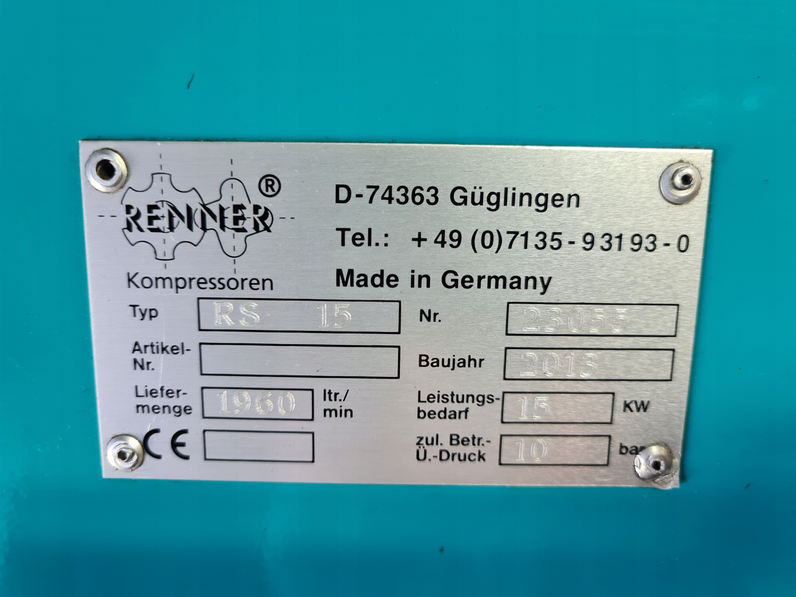 Kompresor śrubowy RENNER RS 15 15 kw, Falownik Moc (kW) 15 kW