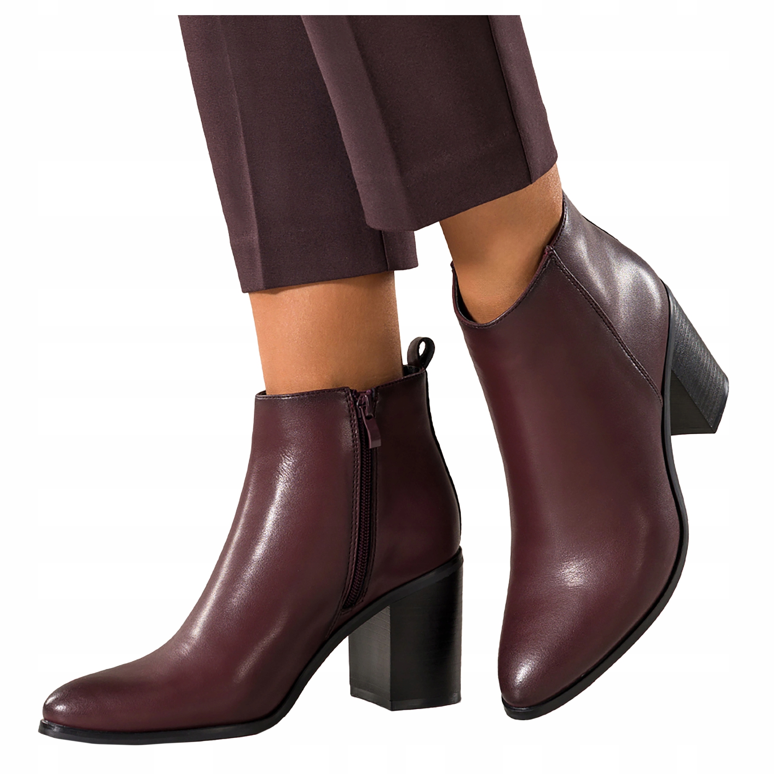 dámské kotníkové boty Kožené Bordó Stabilní Podpatek Módní Prošívání Pohodlné vel. 40