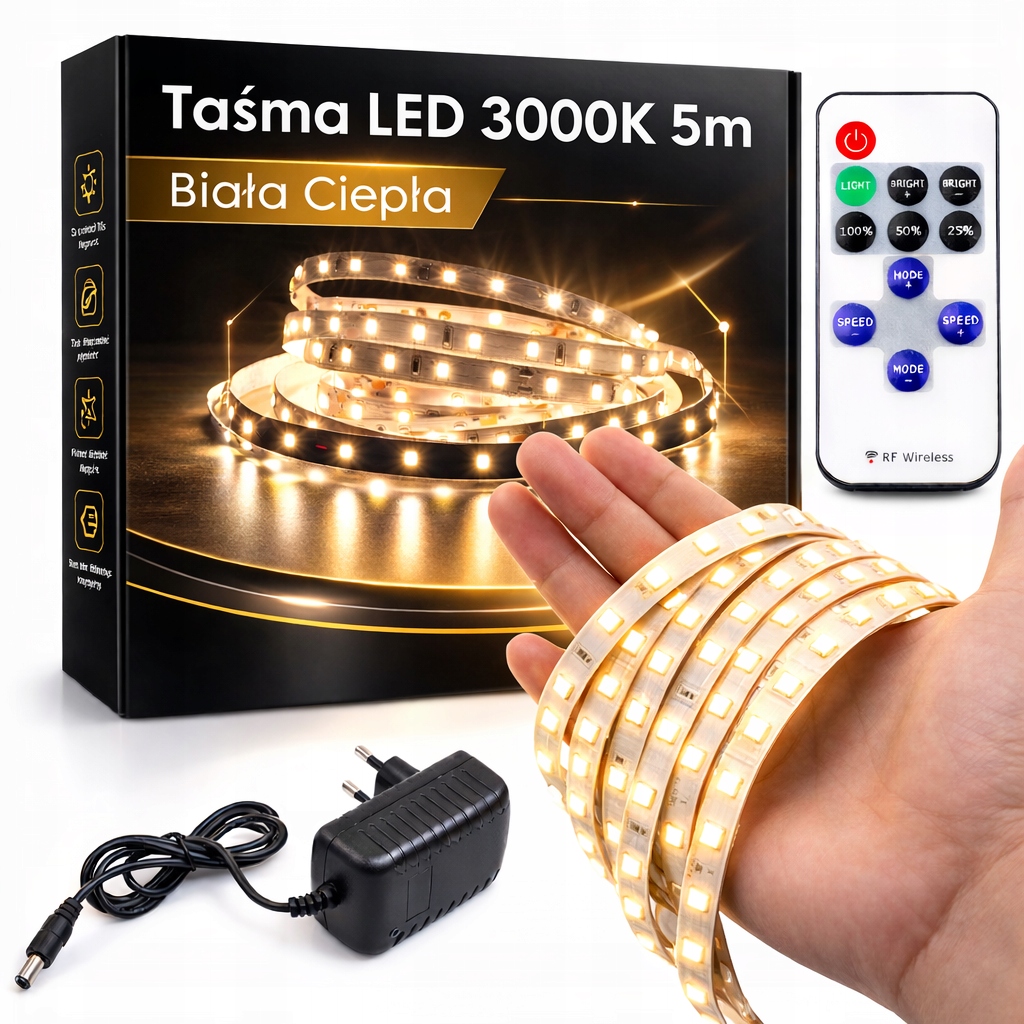 ZESTAW Taśma LED 3000K BIAŁA CIEPŁA 5m - TAŚMA+ ZASILACZ+ PILOT+ STEROWNIK
