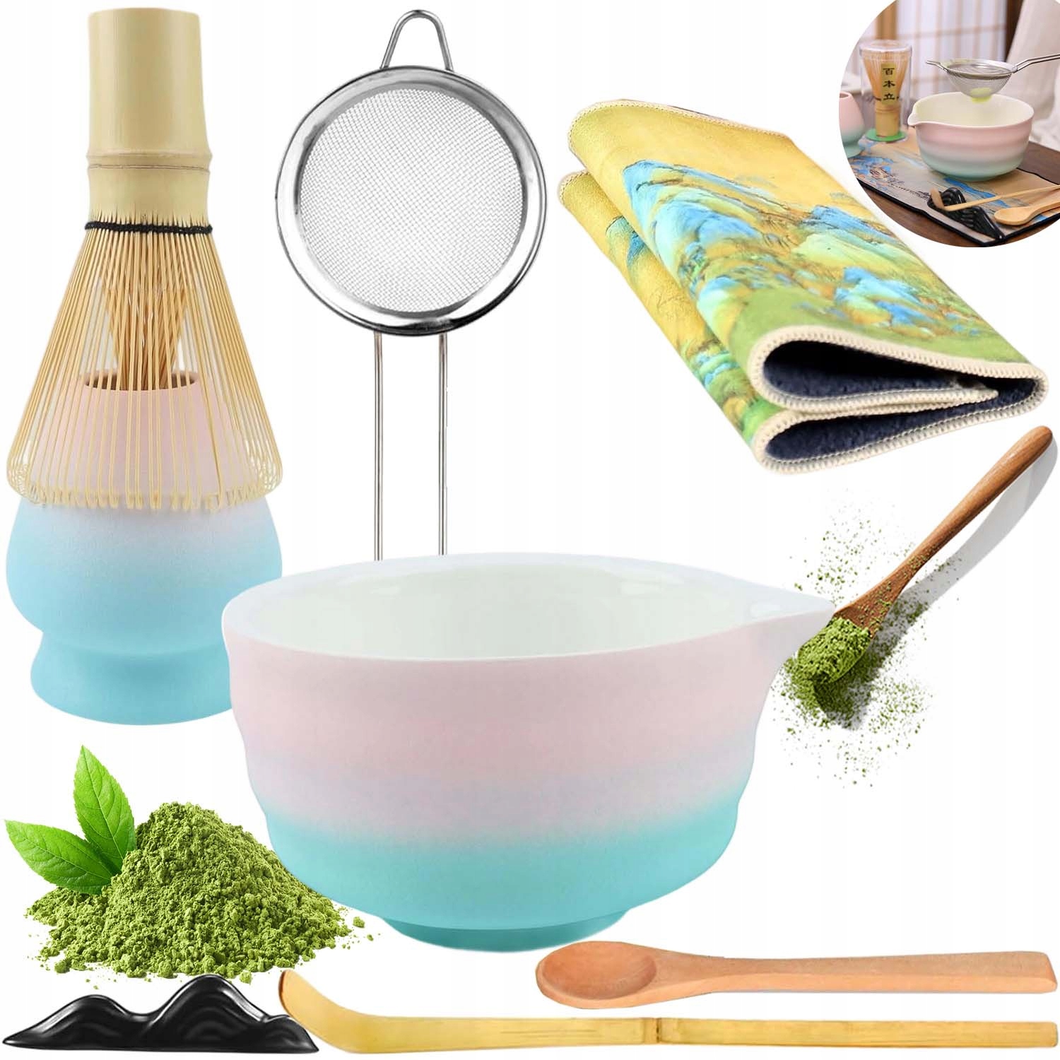 Zestaw Herbata Matcha Japońska Matchy Miotełka Bambusowa 8 Szt