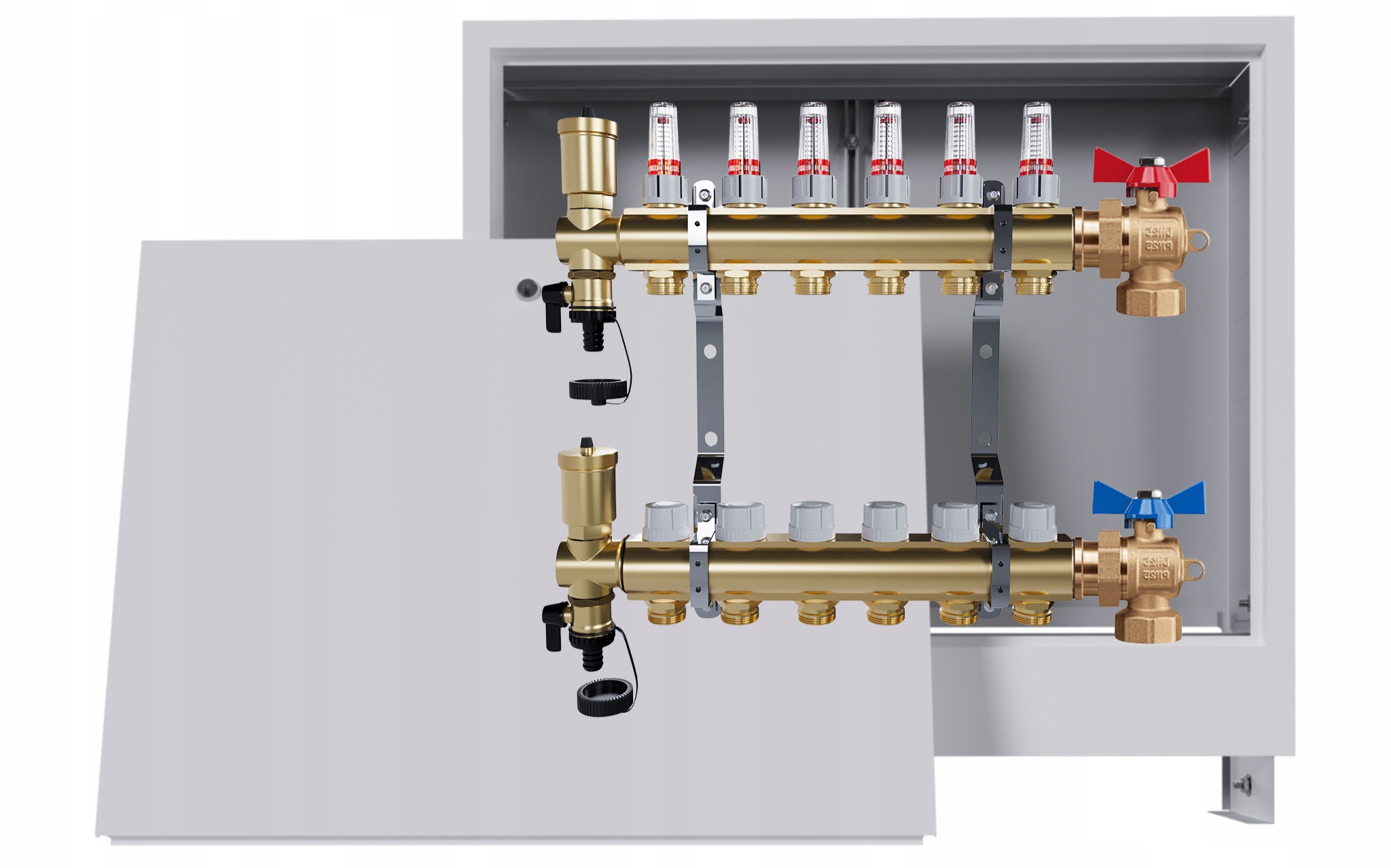 Rozdělovač podlahových krytin mosazný 6 okruhů podomítková skříňka 2 ventily