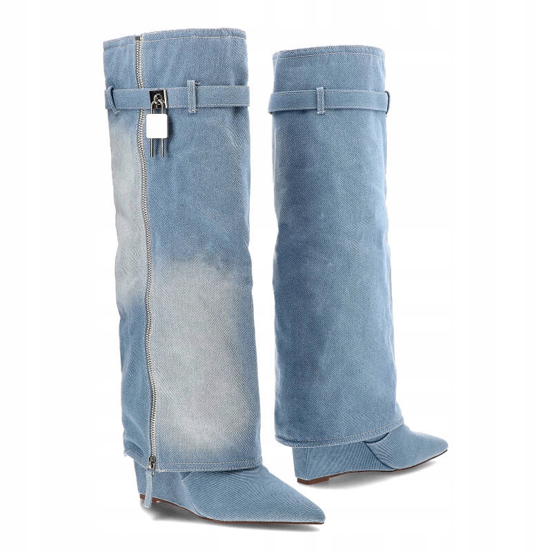 Niebieskie Kozaki Gallevani Jeansowe Obuwie Damskie Materiał zewnętrzny tkanina
