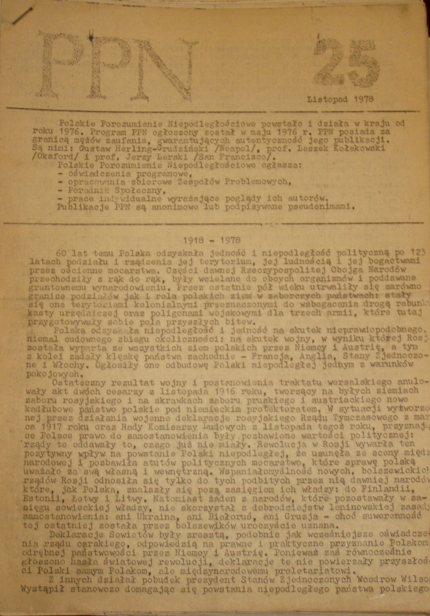 PPN POLSKIE POROZUMNIENIE NIEPODLEGŁOŚCIOWE nr 25, XI 1978