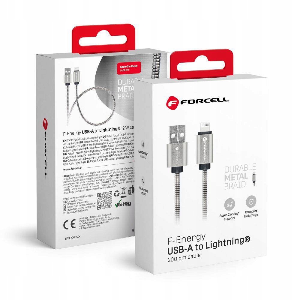 Kabel Usb A Do Lightning Forcell F-Energy 2,4A 12W Metal 2 M C236 Srebrny