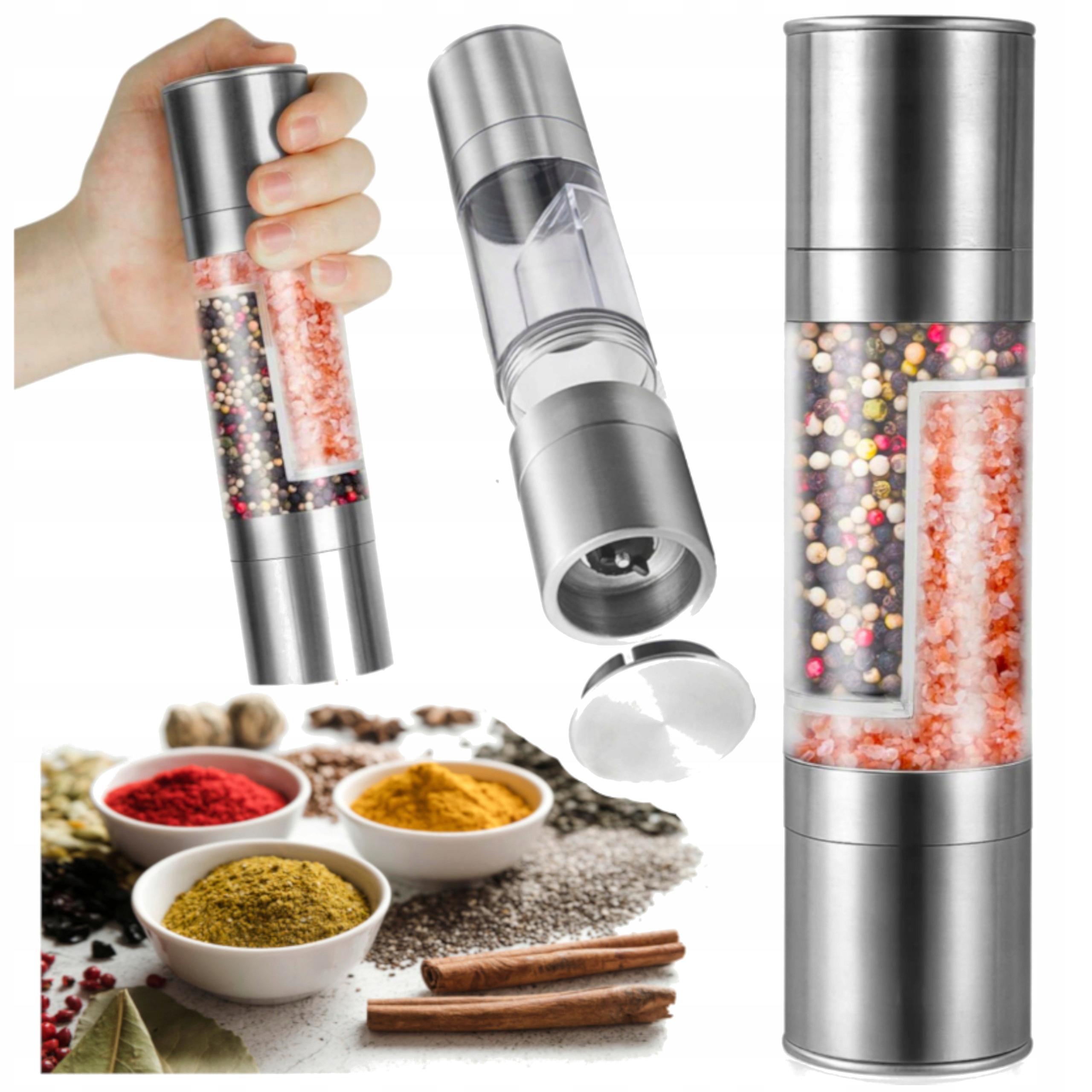 MŁYNEK RĘCZNY PODWÓJNY 2w1 DO PIEPRZU I SOLI STAL NIERDZEWNA DWIE GŁOWICE